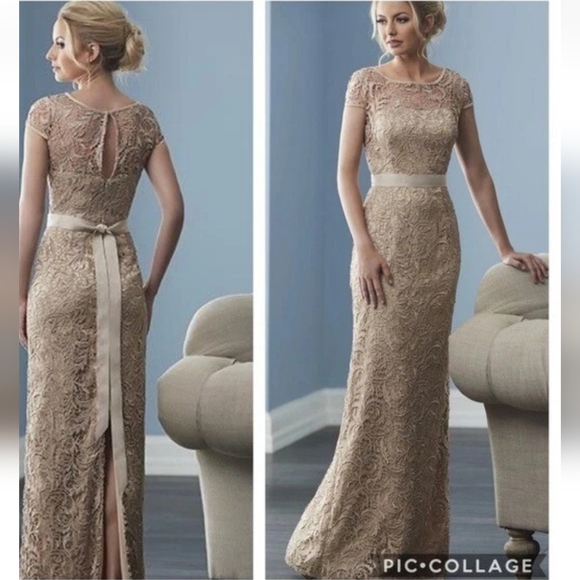 ADRIANA PAPELL Illusion Lace Champagne Cap-Sleeve Gown Formal Wedding Size 6 - Picture 1 of 14